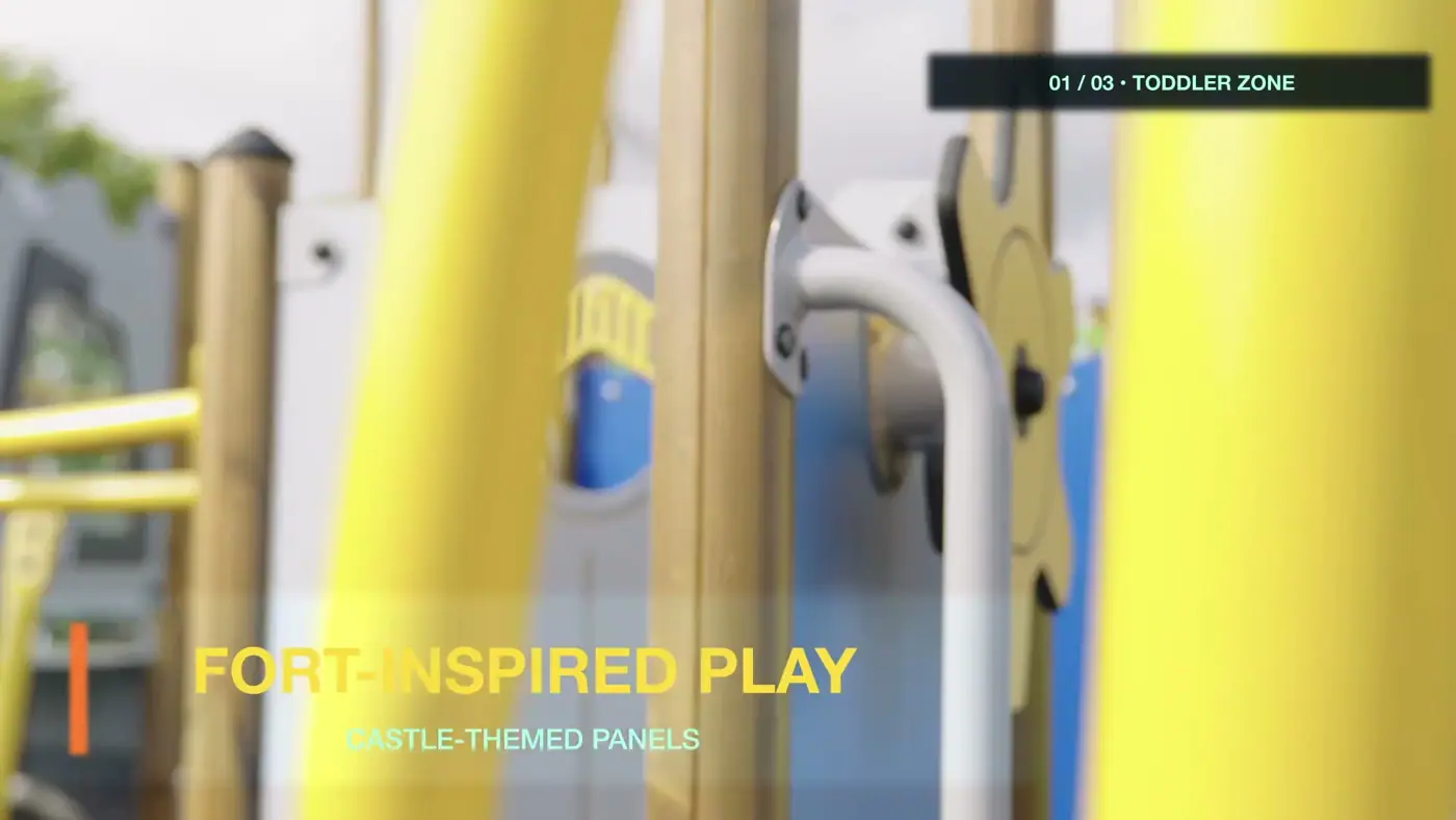 Frame from the Earlston toddler-area highlight film showing fort-inspired play equipment