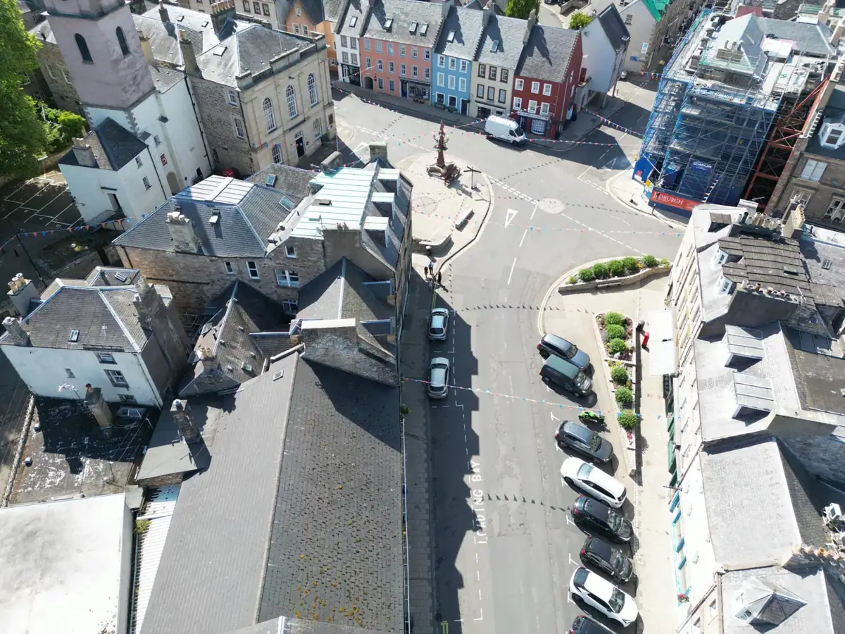 Overhead drone photograph of a Jedburgh square and surrounding buildings